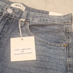 New JBD High Rise Destroyed Straight Leg Jeans Sz 31 Med Wash Distressing